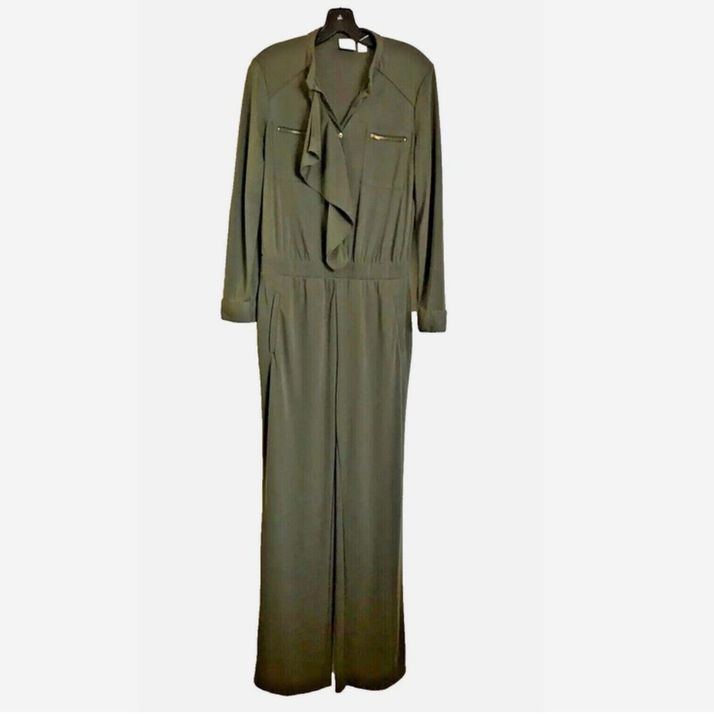 CHICOS Army Green JUMPSUIT Size 1 Small Ruffled Front One Piece Military